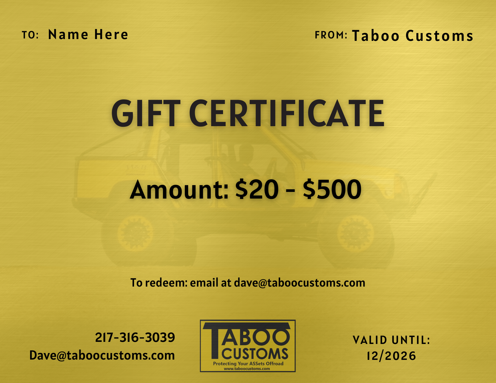 Taboo Customs Gift Certificate